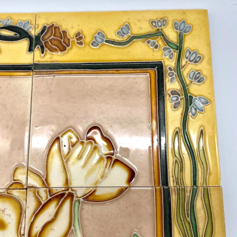 Art Nouveau Style Floral Ceramic Tile Mural 6-Piece Set Yellow‎ Brown